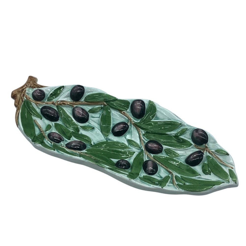 Olive Leaf Shaped Serving Tray Italy Made 6954 10" x 4" x 1" Ceramic Handpainted